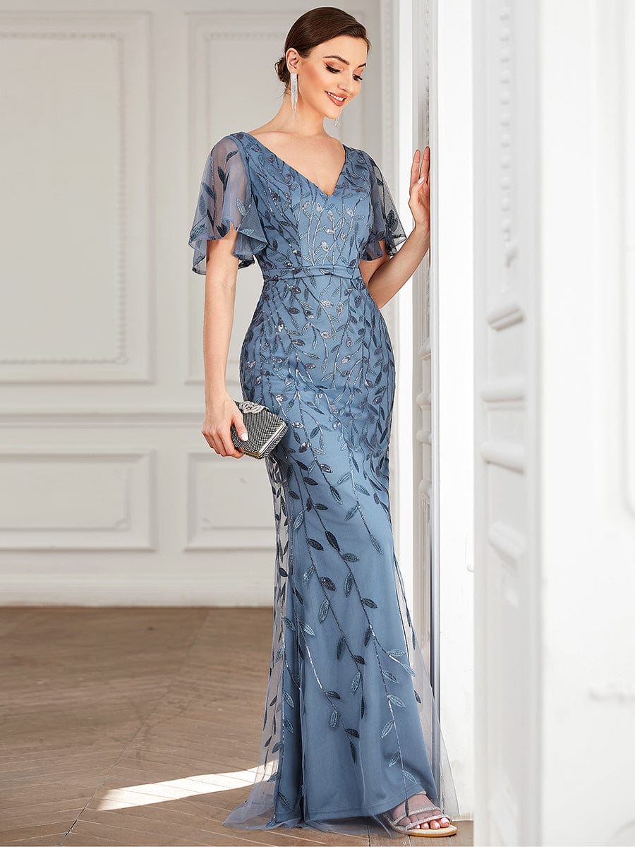 Regal Leaf-Sequined V Neck Fishtail Gown