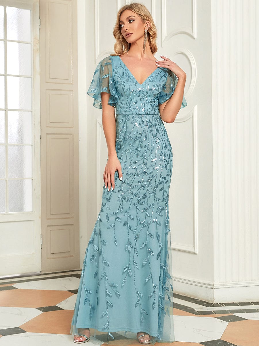 Regal Leaf-Sequined V Neck Fishtail Gown