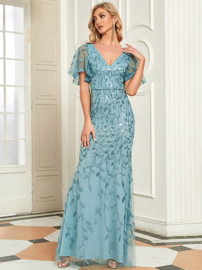Regal Leaf-Sequined V Neck Fishtail Gown