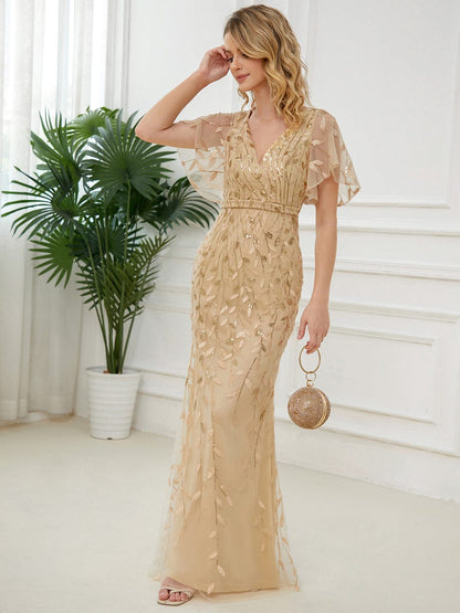 Regal Leaf-Sequined V Neck Fishtail Gown