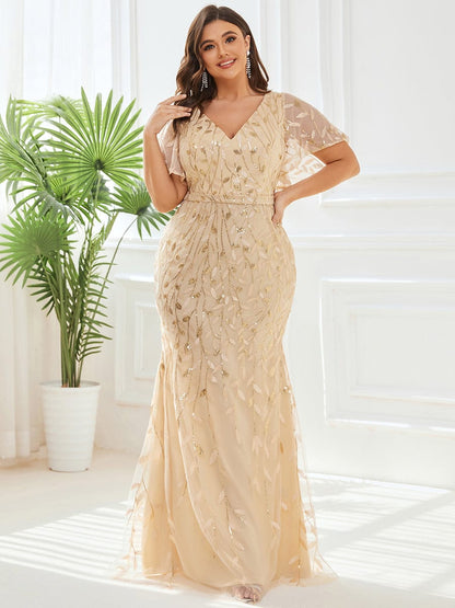 Regal Leaf-Sequined V Neck Fishtail Gown
