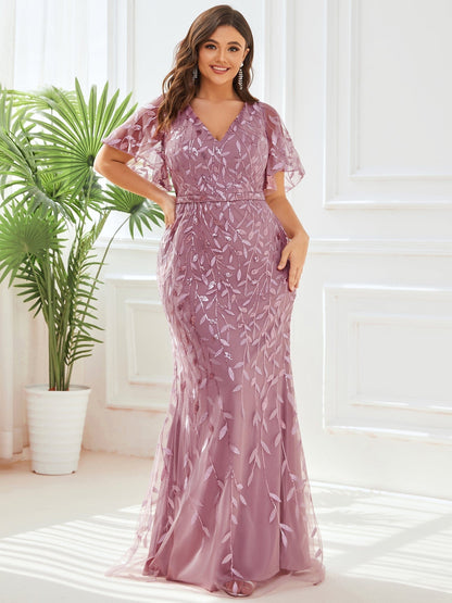 Regal Leaf-Sequined V Neck Fishtail Gown