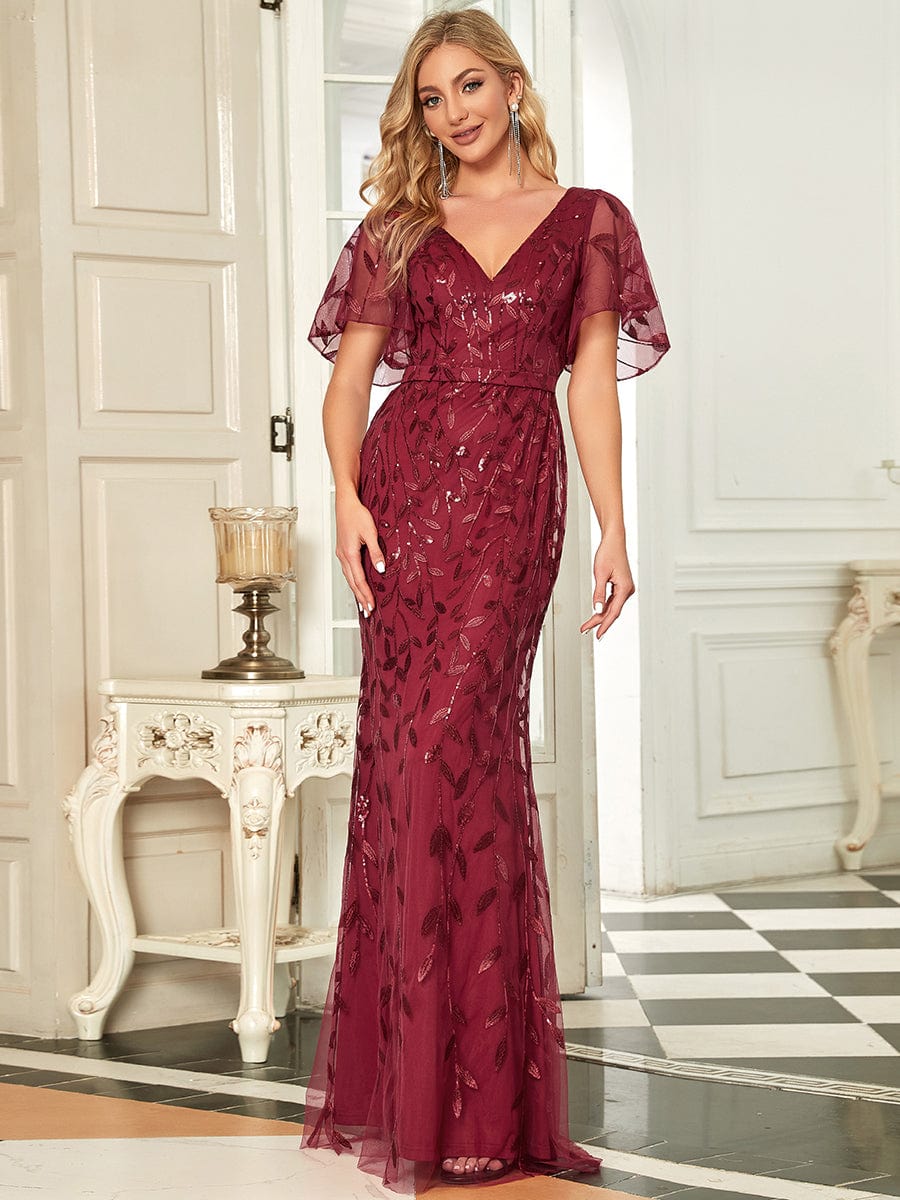 Regal Leaf-Sequined V Neck Fishtail Gown