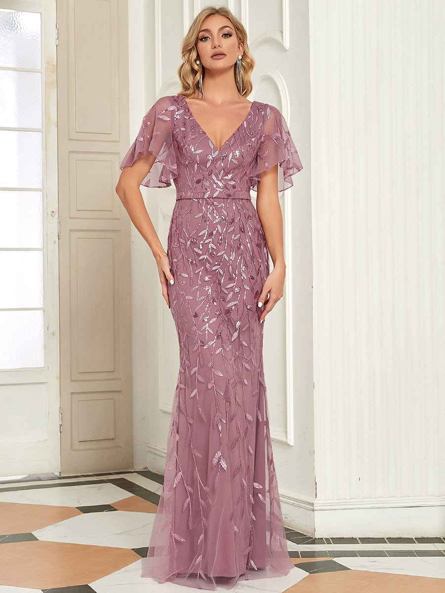 Regal Leaf-Sequined V Neck Fishtail Gown