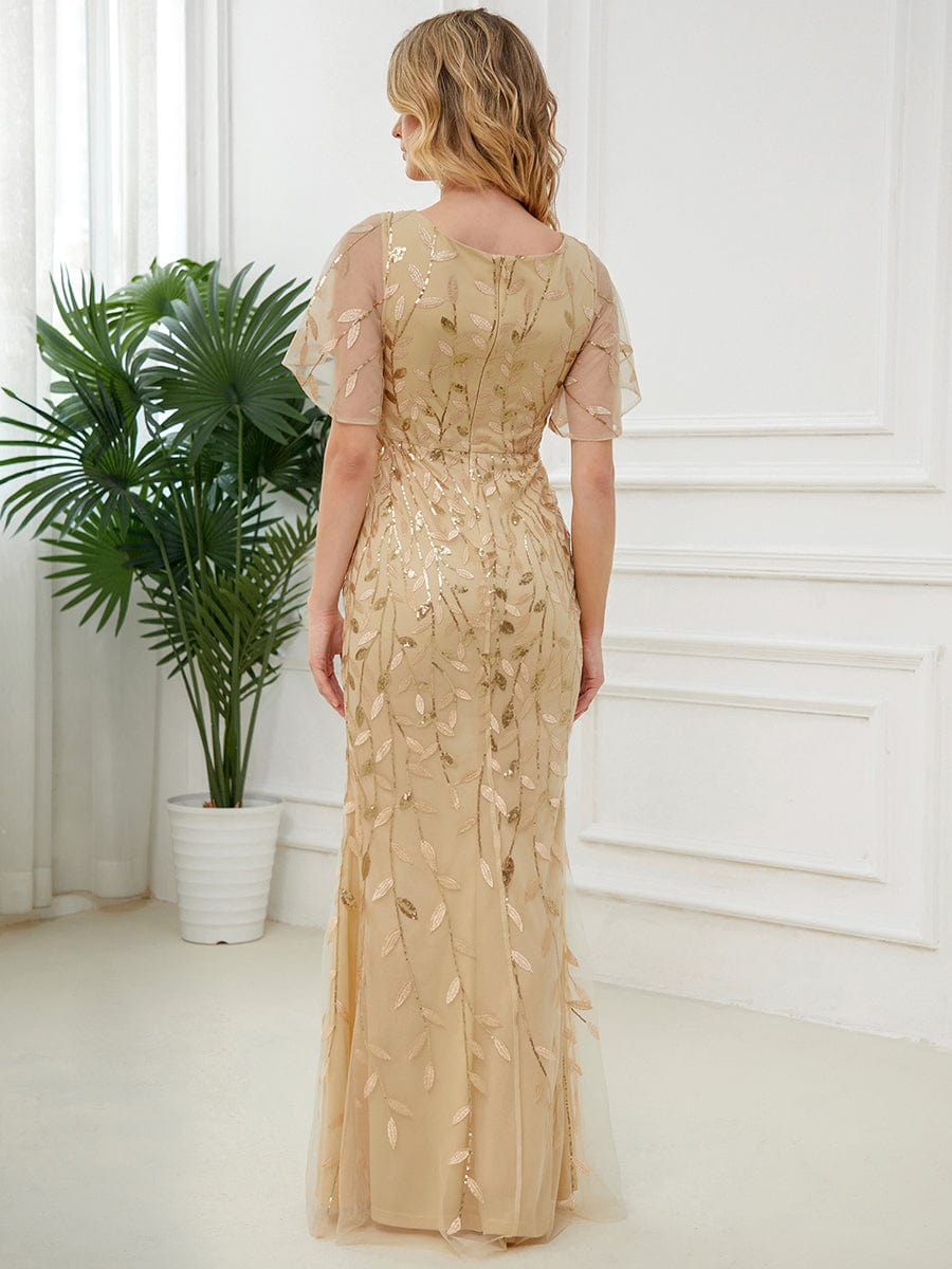 Regal Leaf-Sequined V Neck Fishtail Gown