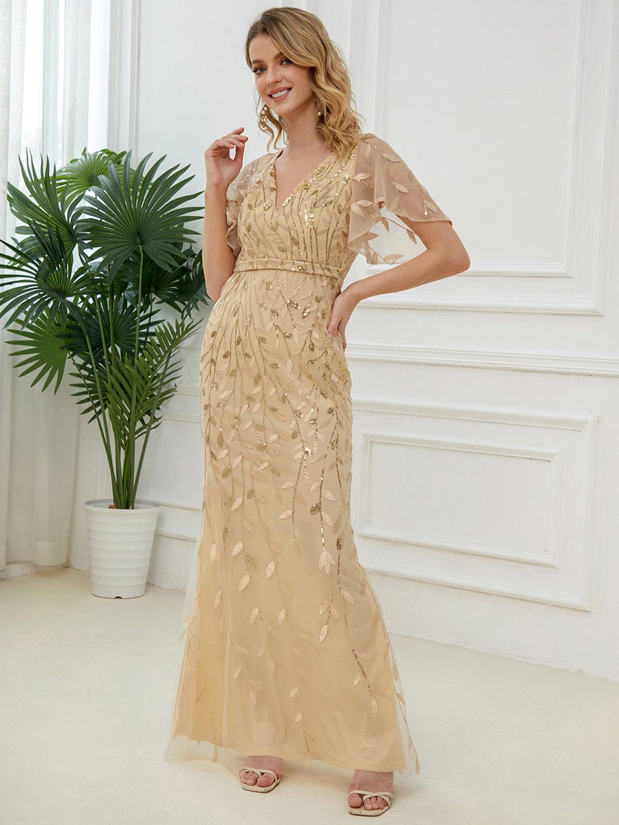 Regal Leaf-Sequined V Neck Fishtail Gown