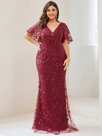 Regal Leaf-Sequined V Neck Fishtail Gown