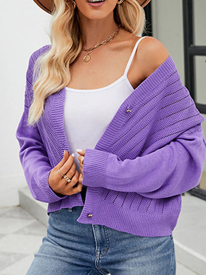 Women's Cardigan Sweater V Neck Ribbed Knit Polyester Button Summer Spring Cropped Daily Going out Weekend Stylish Casual Soft Long Sleeve Solid Color Blue Purple Green S M L