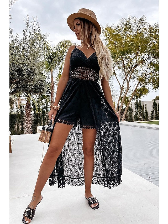 Jumpsuits for Women Summer Dressy Embroidered With Train Solid Color Casual Daily Holiday Regular Fit Sleeveless White Black S M L Spring - LuckyFash™