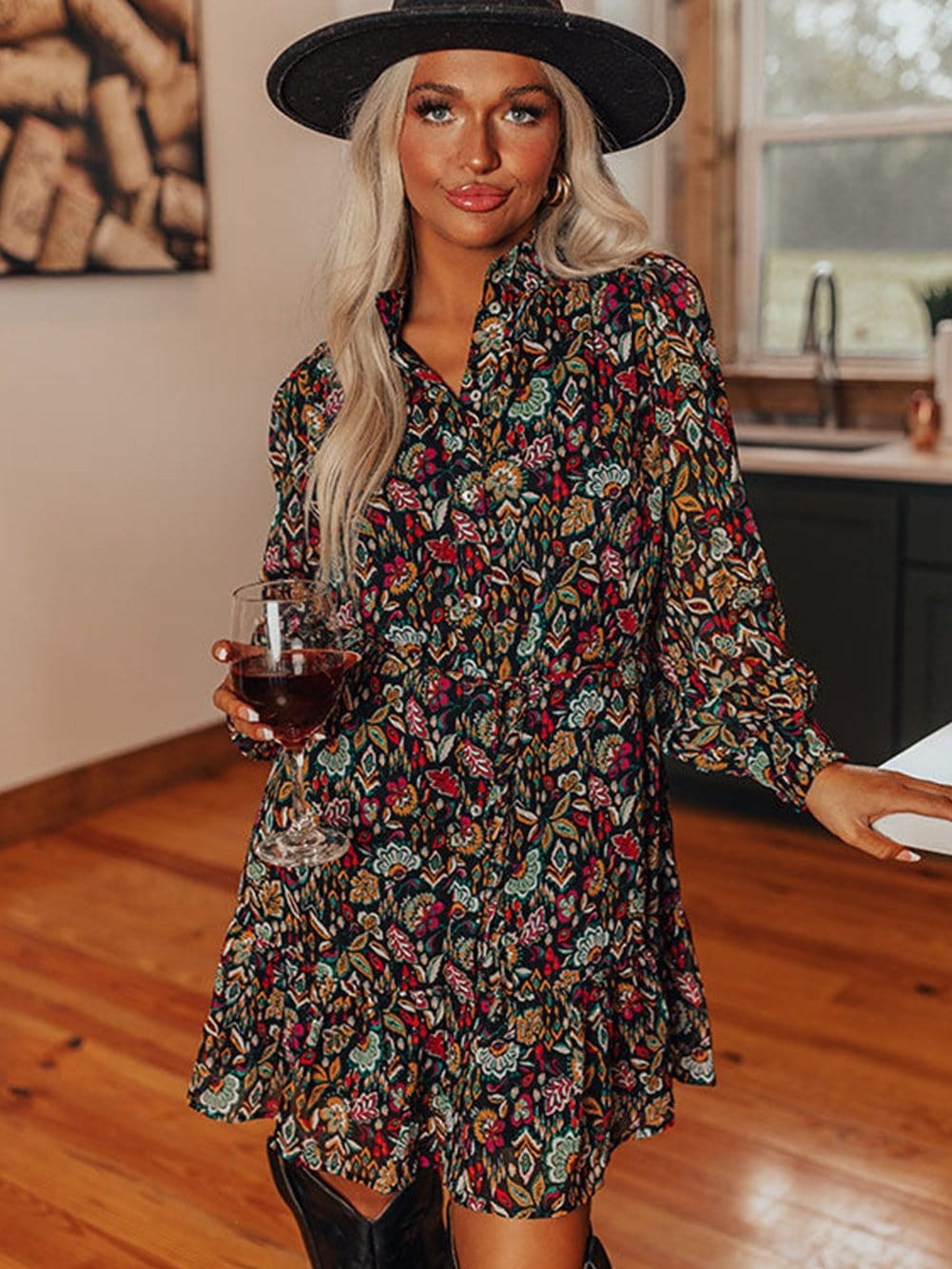 Retro Black Floral Ruffle Shirt Dress with Tie Waist