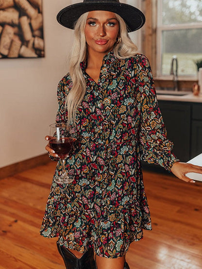 Retro Black Floral Ruffle Shirt Dress with Tie Waist