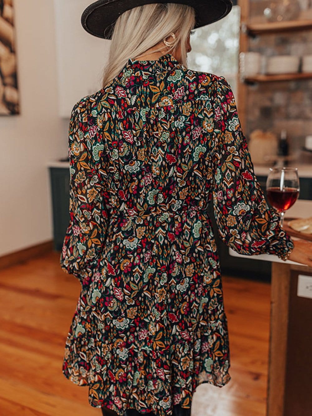 Retro Black Floral Ruffle Shirt Dress with Tie Waist