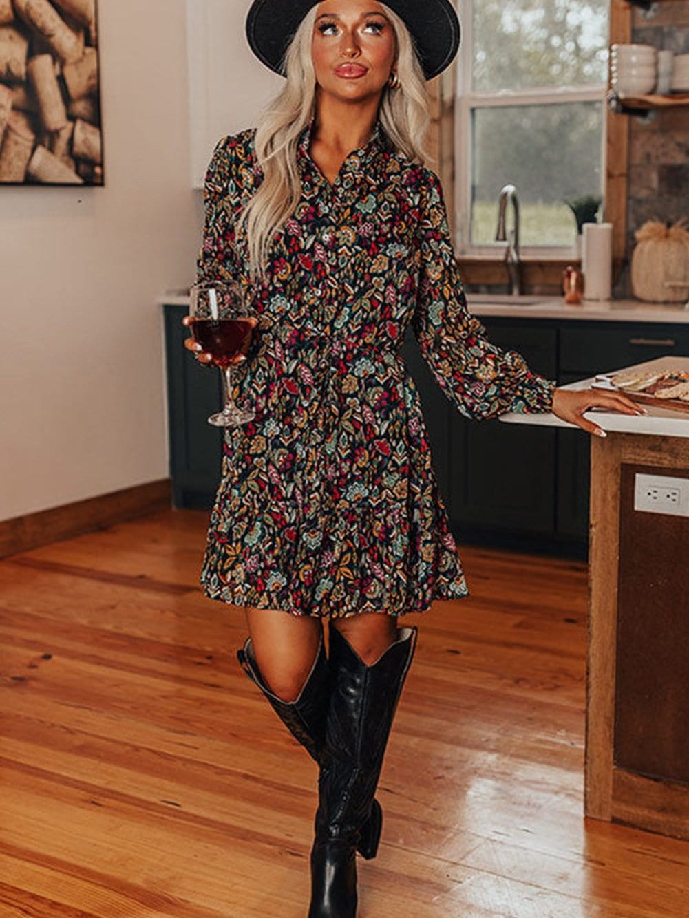 Retro Black Floral Ruffle Shirt Dress with Tie Waist