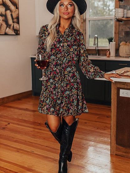 Retro Black Floral Ruffle Shirt Dress with Tie Waist