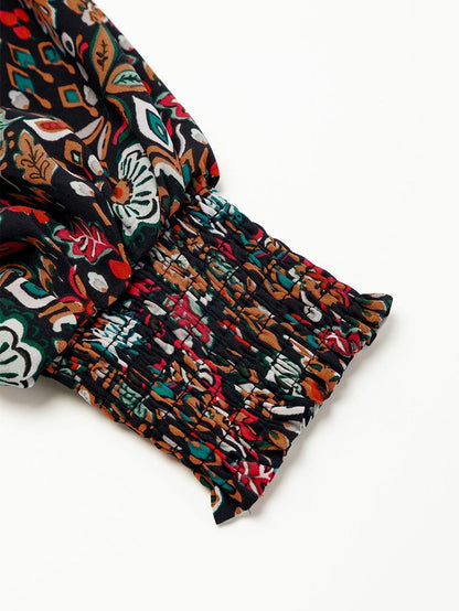 Retro Black Floral Ruffle Shirt Dress with Tie Waist