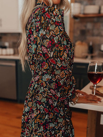 Retro Black Floral Ruffle Shirt Dress with Tie Waist