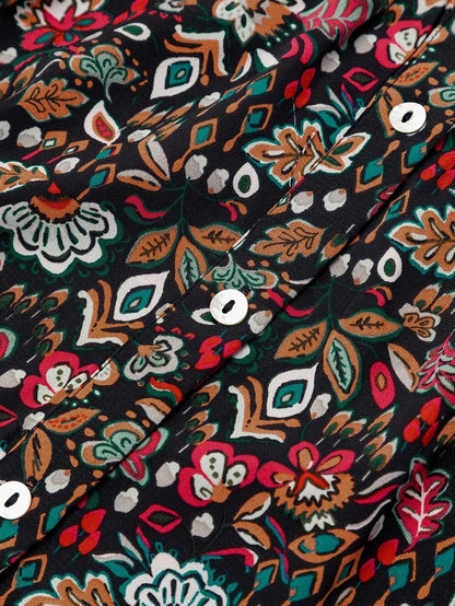 Retro Black Floral Ruffle Shirt Dress with Tie Waist