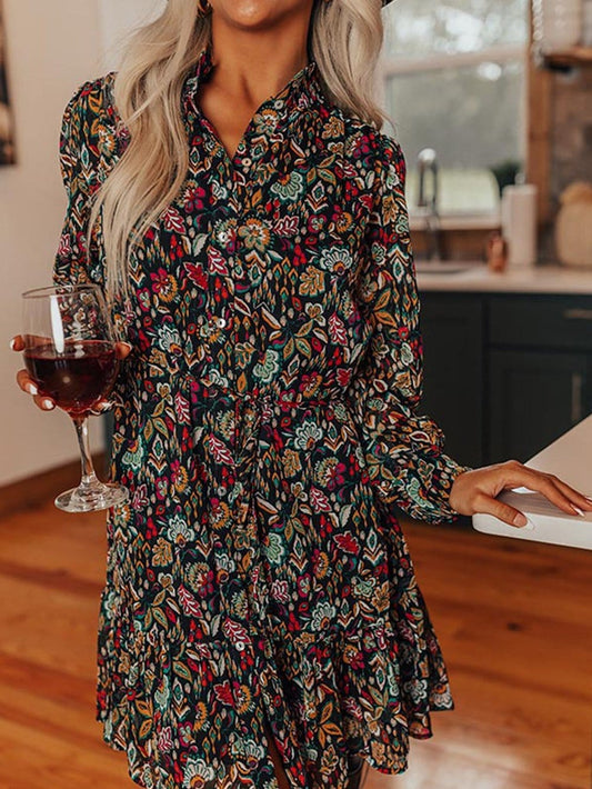 Retro Black Floral Ruffle Shirt Dress with Tie Waist