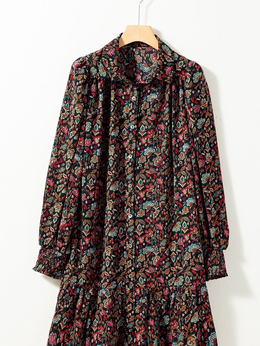 Retro Black Floral Ruffle Shirt Dress with Tie Waist