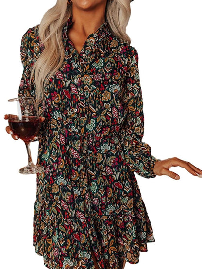 Retro Black Floral Ruffle Shirt Dress with Tie Waist