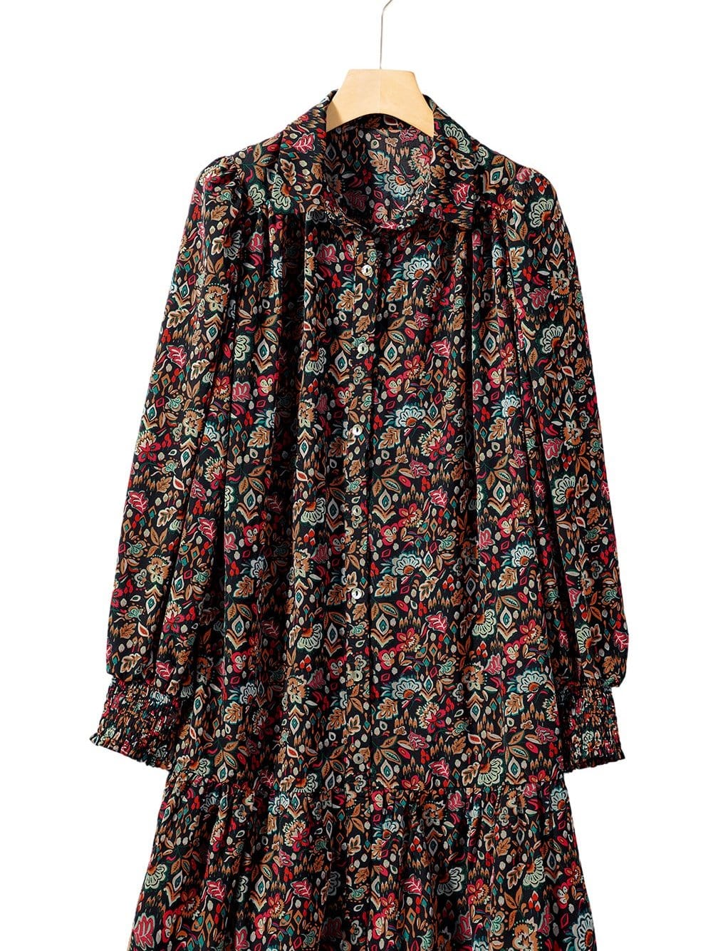 Retro Black Floral Ruffle Shirt Dress with Tie Waist