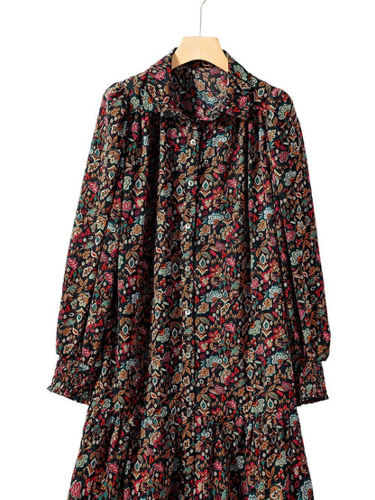 Retro Black Floral Ruffle Shirt Dress with Tie Waist