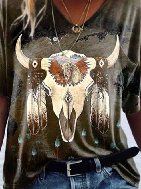 T-shirts - Retro Geometric Print V-neck Short-sleeved Top - MsDressly