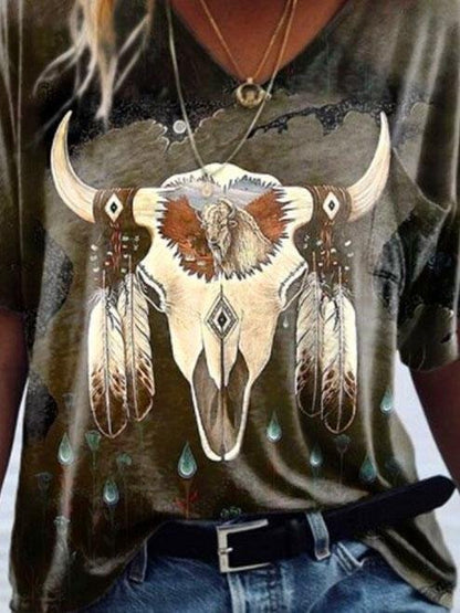 T-shirts - Retro Geometric Print V-neck Short-sleeved Top - MsDressly