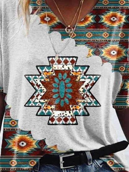 T-shirts - Retro Geometric Print V-neck Short-sleeved Top - MsDressly