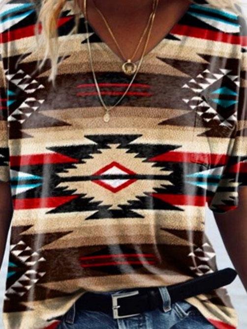 T-shirts - Retro Geometric Print V-neck Short-sleeved Top - MsDressly