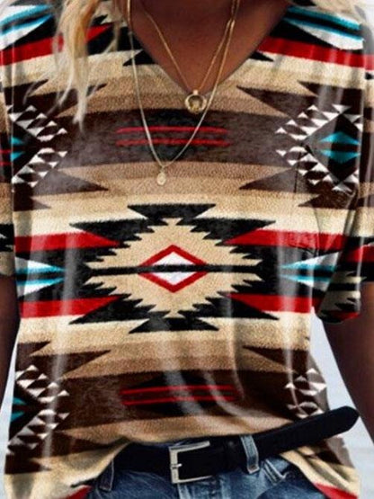 T-shirts - Retro Geometric Print V-neck Short-sleeved Top - MsDressly