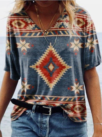 T-shirts - Retro Geometric Print V-neck Short-sleeved Top - MsDressly