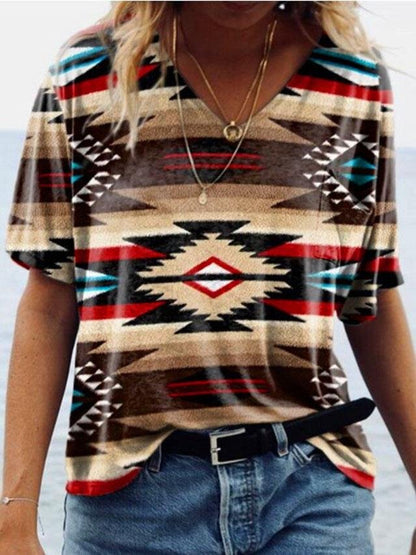 T-shirts - Retro Geometric Print V-neck Short-sleeved Top - MsDressly