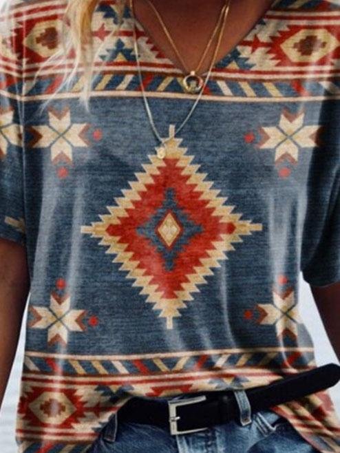 T-shirts - Retro Geometric Print V-neck Short-sleeved Top - MsDressly