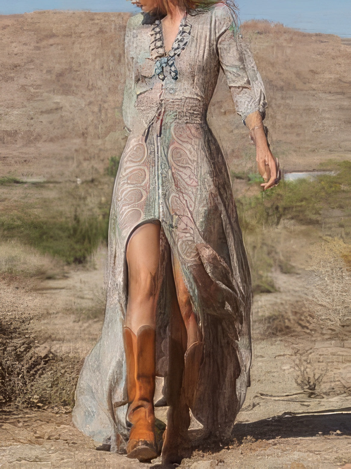 Maxi Dresses - Retro Printing V Neck 3/4 Sleeve Split Hem Dress - MsDressly