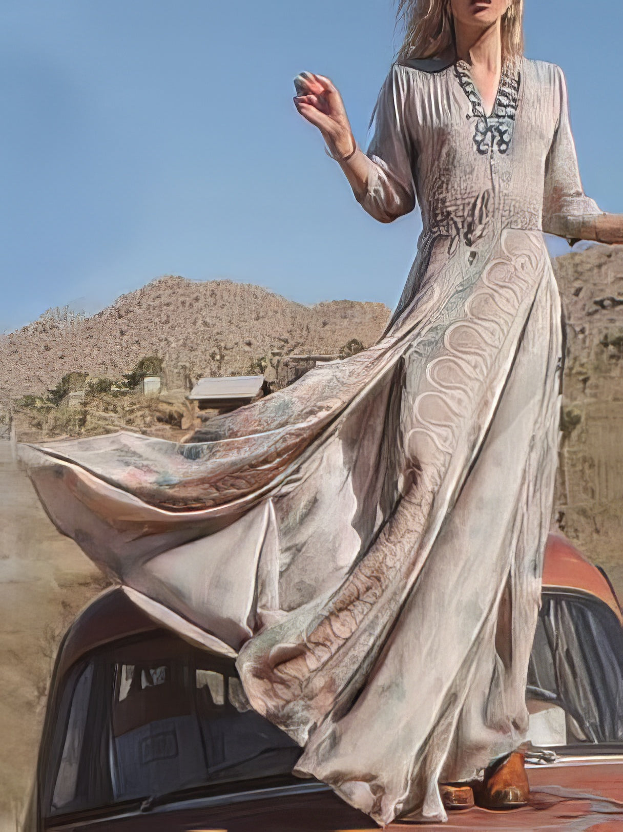 Maxi Dresses - Retro Printing V Neck 3/4 Sleeve Split Hem Dress - MsDressly