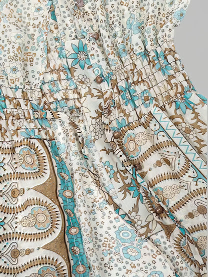 Maxi Dresses - Retro Printing V Neck 3/4 Sleeve Split Hem Dress - MsDressly