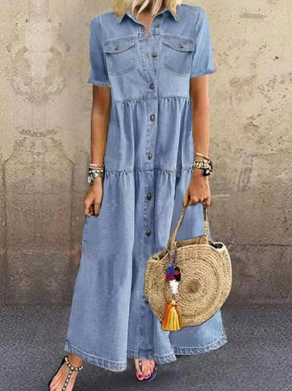 Maxi Dresses - Retro Short Sleeve Denim Long Dress - MsDressly