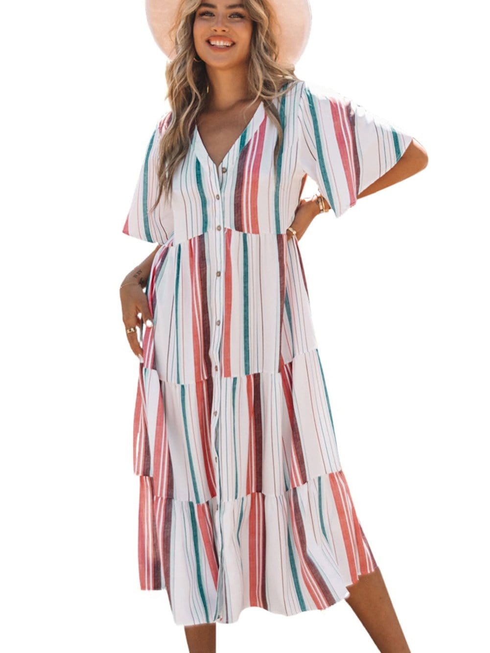 Retro Striped Midi Dress with Button Front