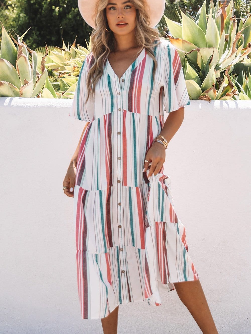 Retro Striped Midi Dress with Button Front