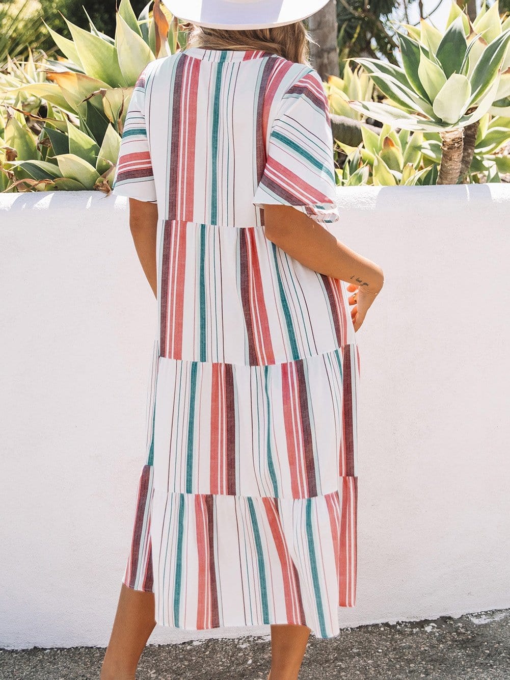 Retro Striped Midi Dress with Button Front