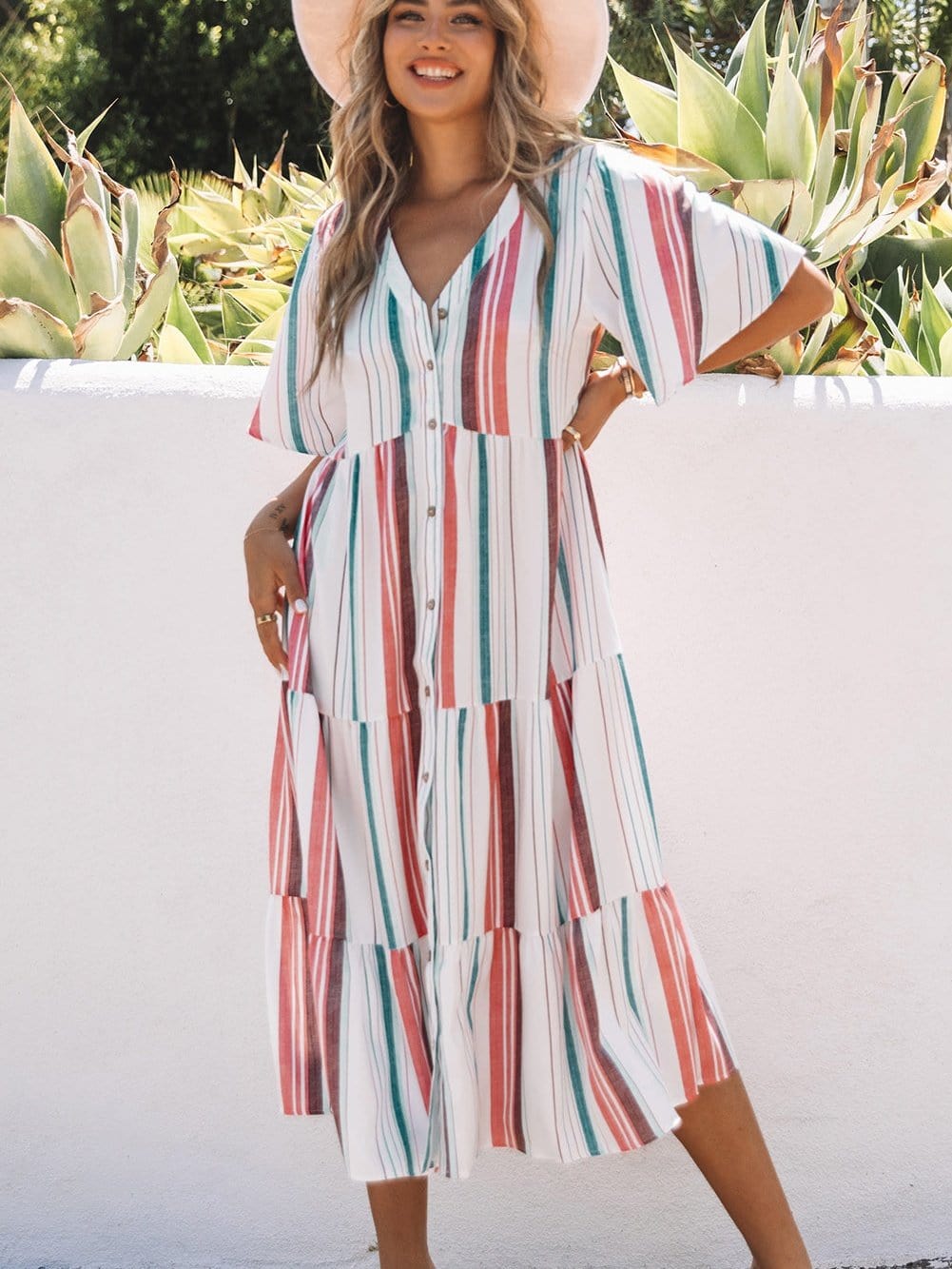 Retro Striped Midi Dress with Button Front