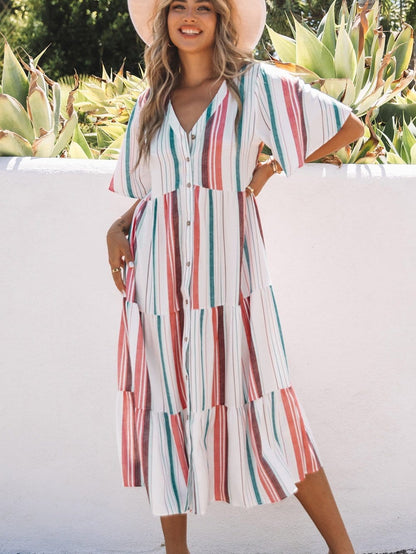Retro Striped Midi Dress with Button Front