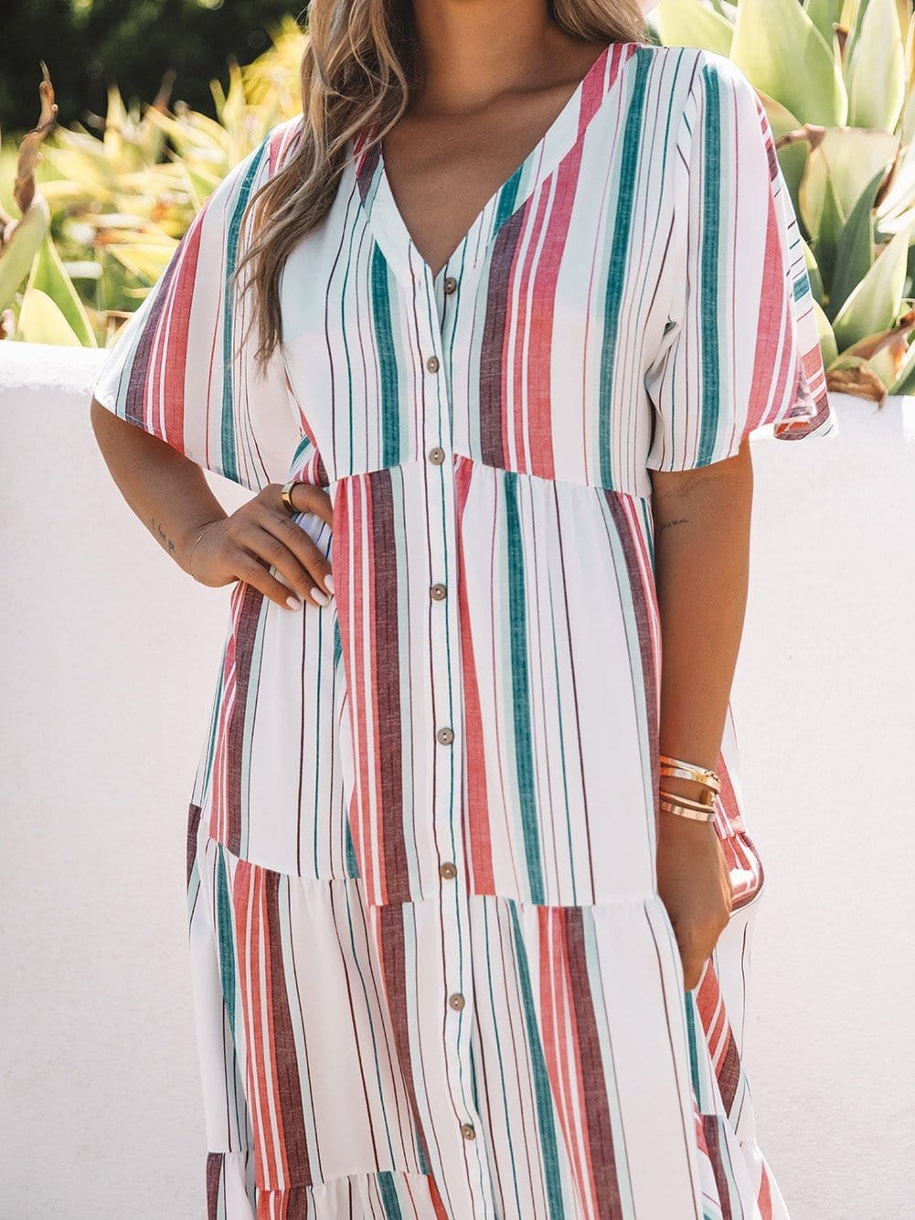 Retro Striped Midi Dress with Button Front