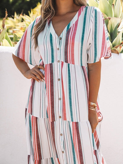 Retro Striped Midi Dress with Button Front