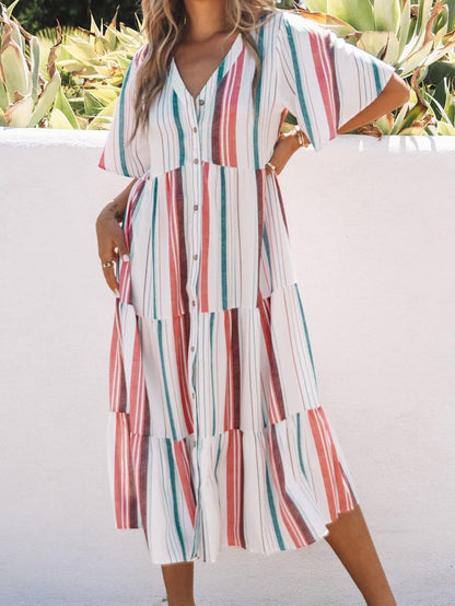 Retro Striped Midi Dress with Button Front
