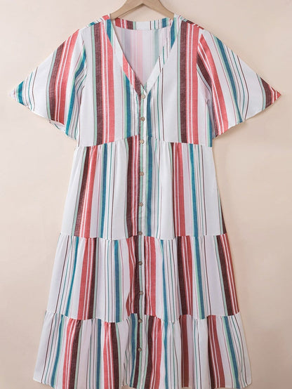 Retro Striped Midi Dress with Button Front