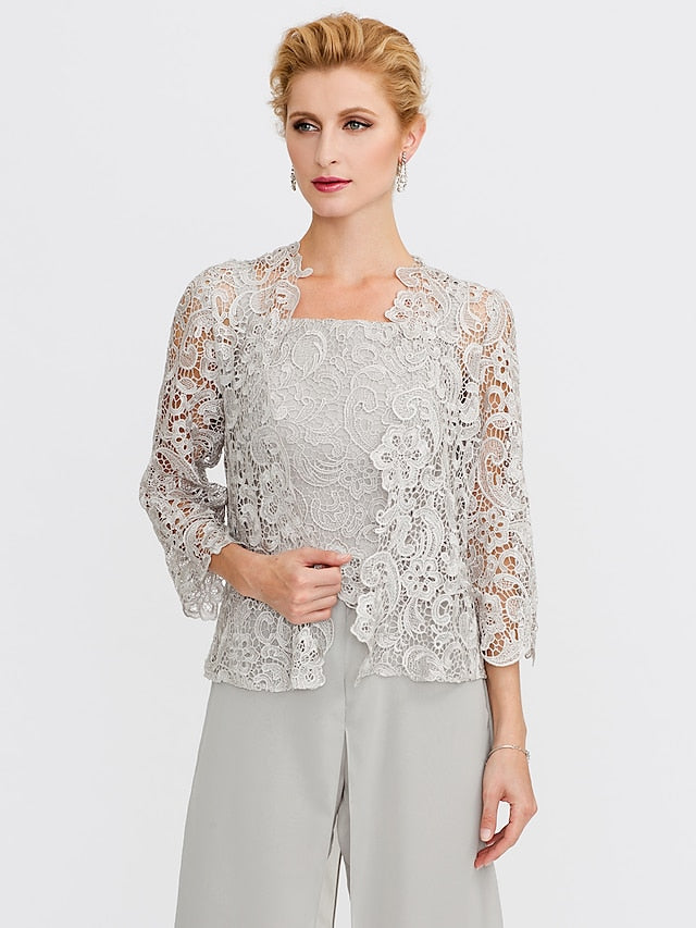 Jumpsuit / Pantsuit Mother of the Bride Dress Formal Plus Size Elegant Square Neck Floor Length Chiffon Corded Lace Sleeveless Wrap Included with Lace Appliques 2023 - LuckyFash™