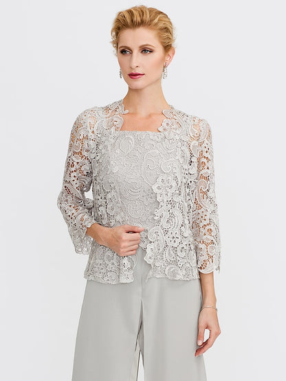 Jumpsuit / Pantsuit Mother of the Bride Dress Formal Plus Size Elegant Square Neck Floor Length Chiffon Corded Lace Sleeveless Wrap Included with Lace Appliques 2023 - LuckyFash™