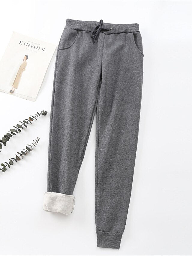 Women's Fleece Pants Polyester Solid Color Light Gray Dark-Gray Fashion High Waist Full Length Street Daily Fall Winter